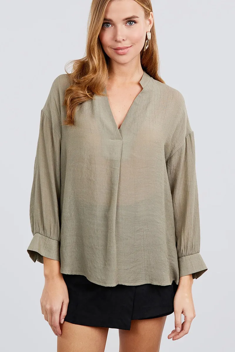 3/4 Cuff Sleeve V-neck W/collar Woven Top