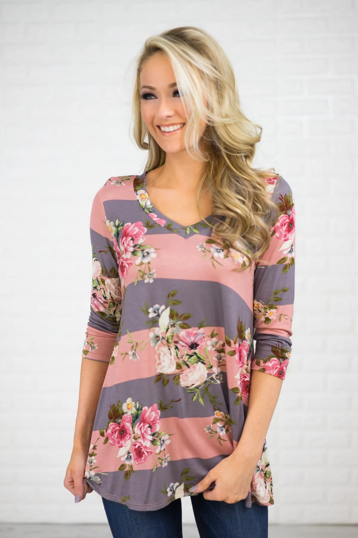 About Time 3/4 Sleeve Floral Top - Pink