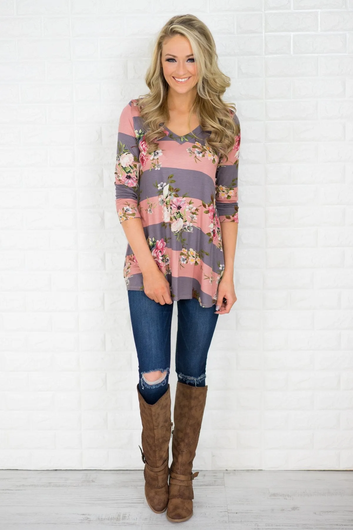 About Time 3/4 Sleeve Floral Top - Pink