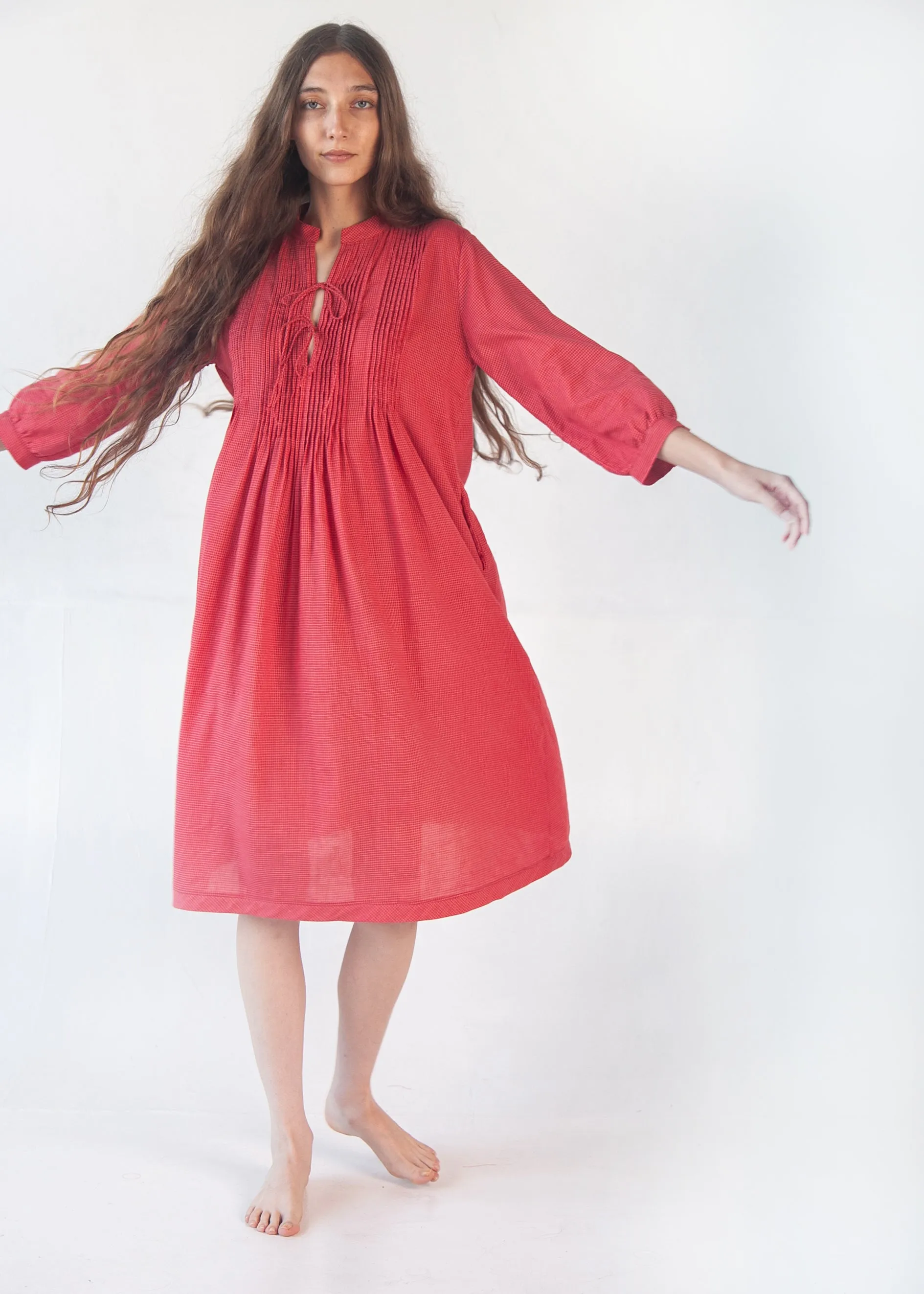 Aditi Tiny Checks Dress  - Red