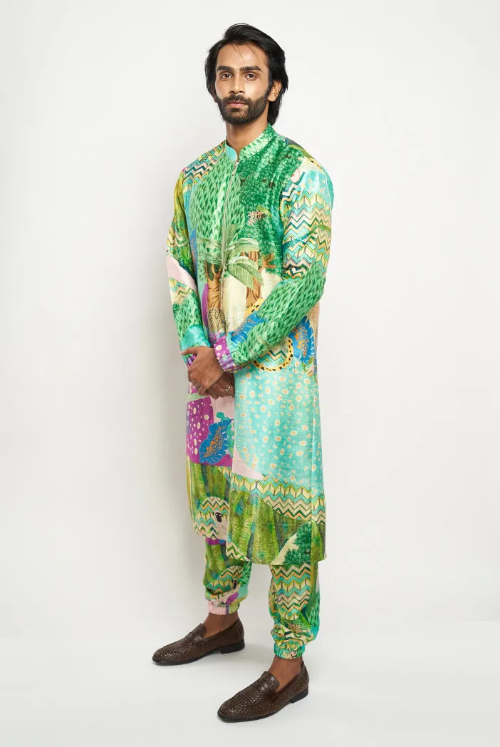 ALAN KUNO PRINT DUPION SILK BOMBER KURTA WITH JOGGER PANTS