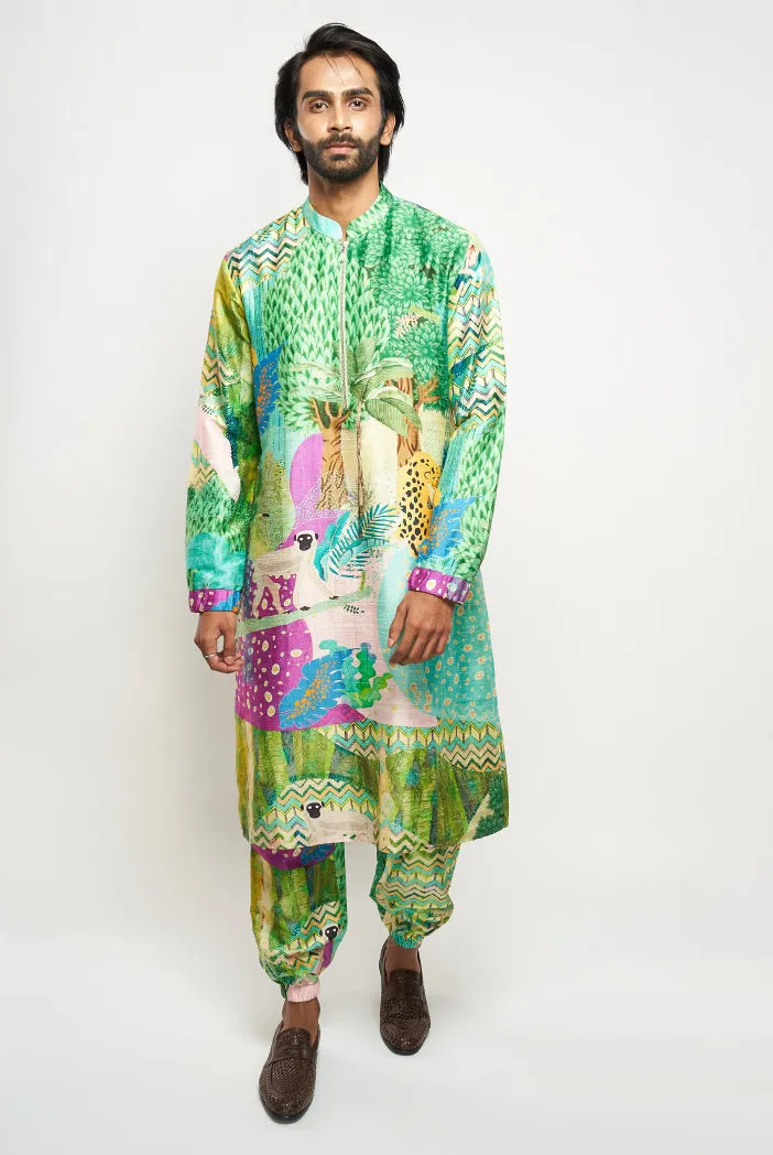 ALAN KUNO PRINT DUPION SILK BOMBER KURTA WITH JOGGER PANTS