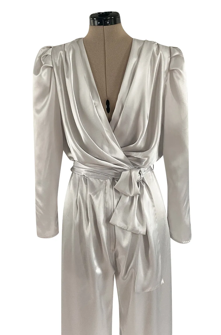 Amazing 1980s Flora Kung Pale Silver Satin Jumpsuit w Plunge Neckline & Tie Waist