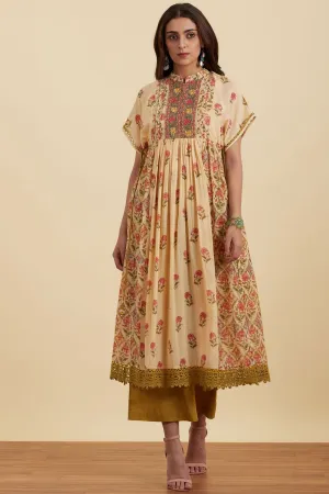 Beige Paisley Print Kurta With Trousers