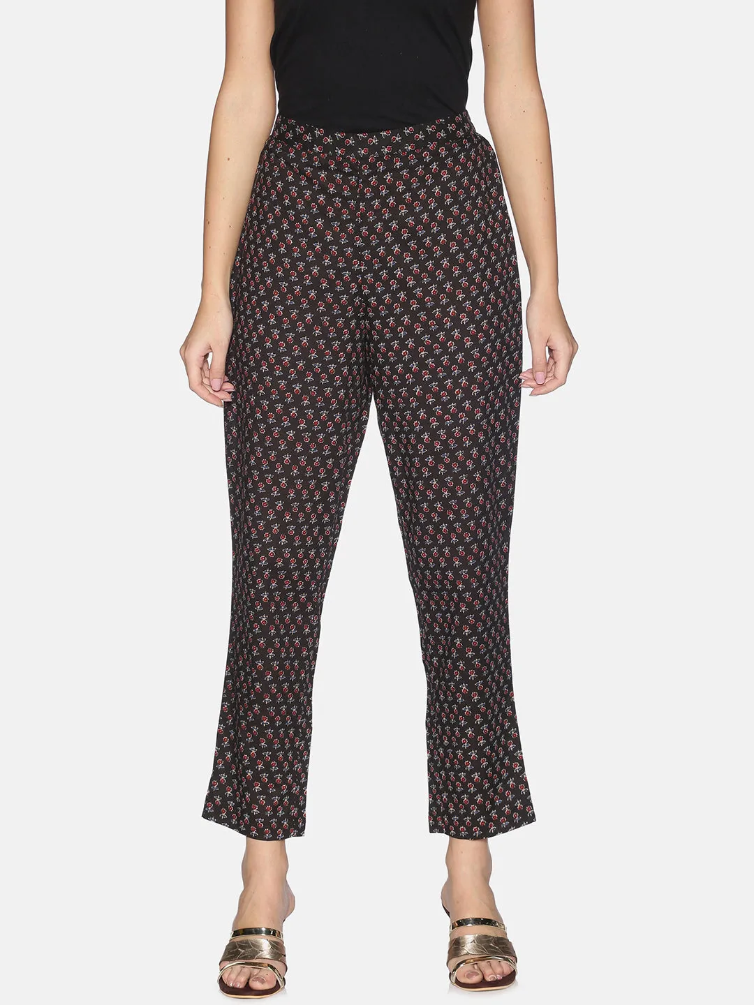 Black Cotton All over Print Pant With Side Slit On Hem