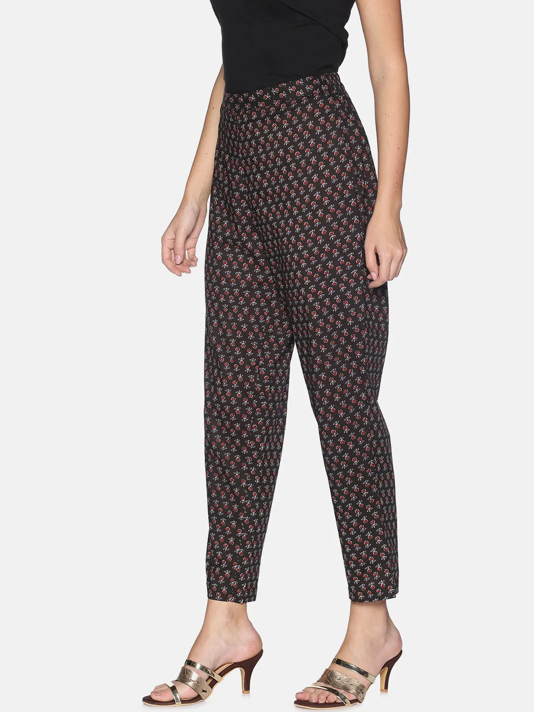 Black Cotton All over Print Pant With Side Slit On Hem