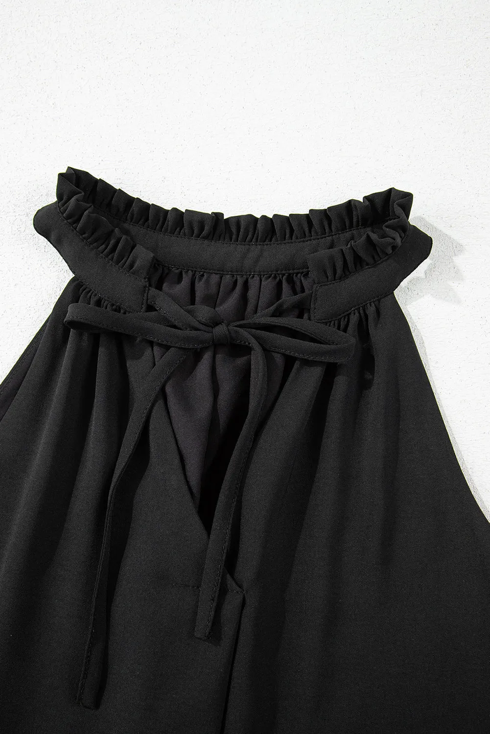 Black Pinched V Neck Tie Loose Tank Top