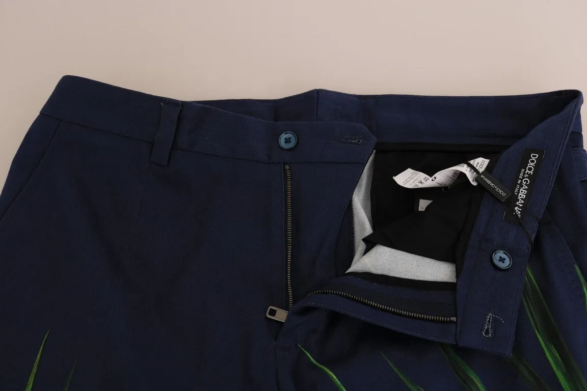 Blue Cotton Green Leaves Print Slim Pants