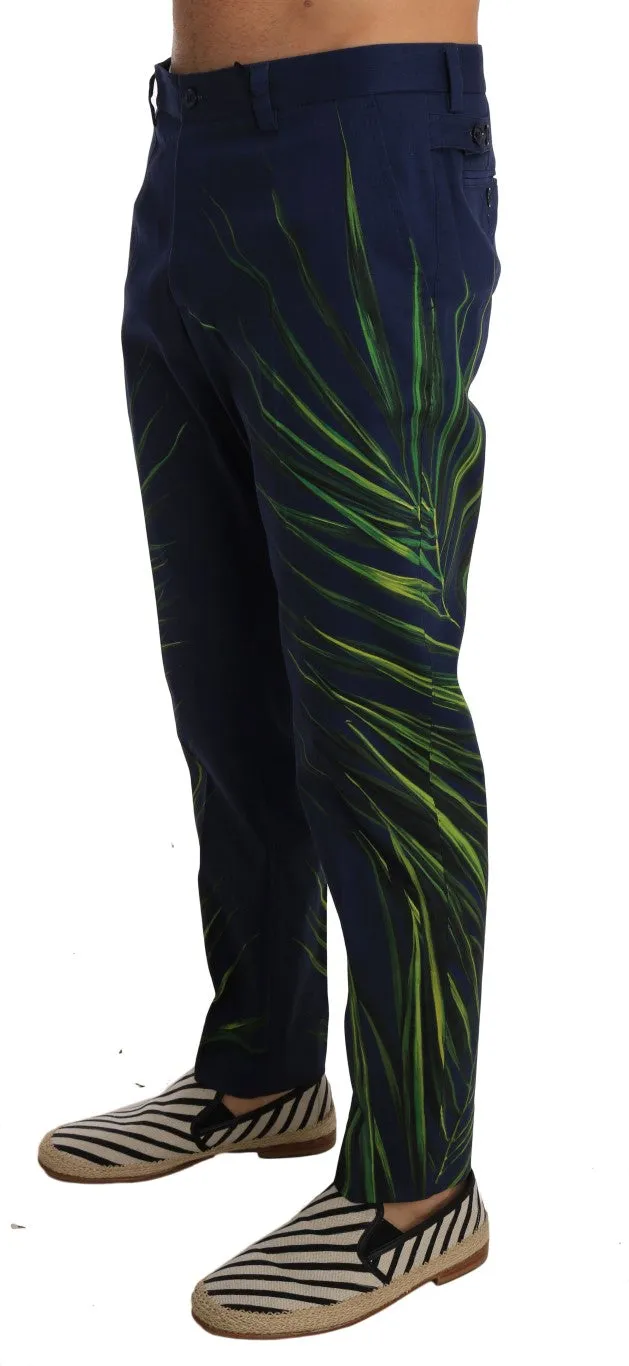 Blue Cotton Green Leaves Print Slim Pants