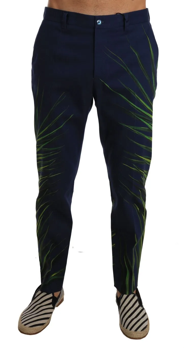 Blue Cotton Green Leaves Print Slim Pants