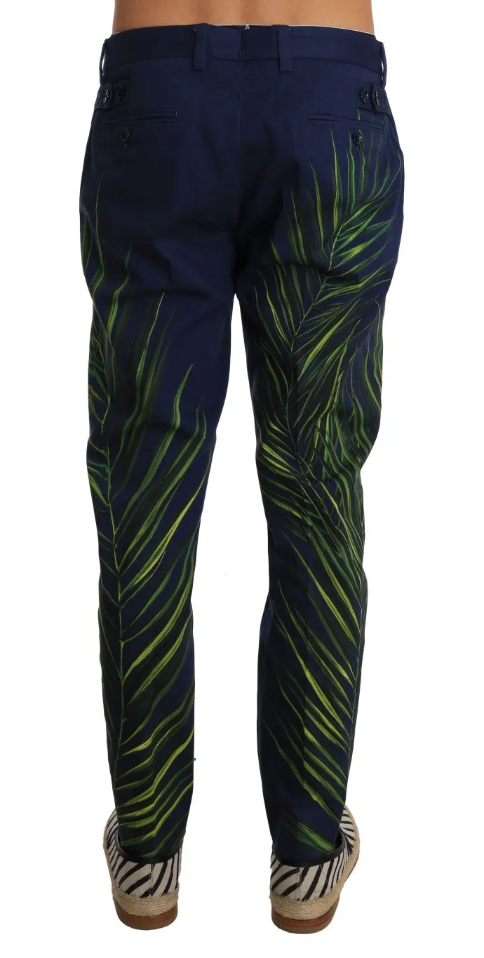 Blue Cotton Green Leaves Print Slim Pants