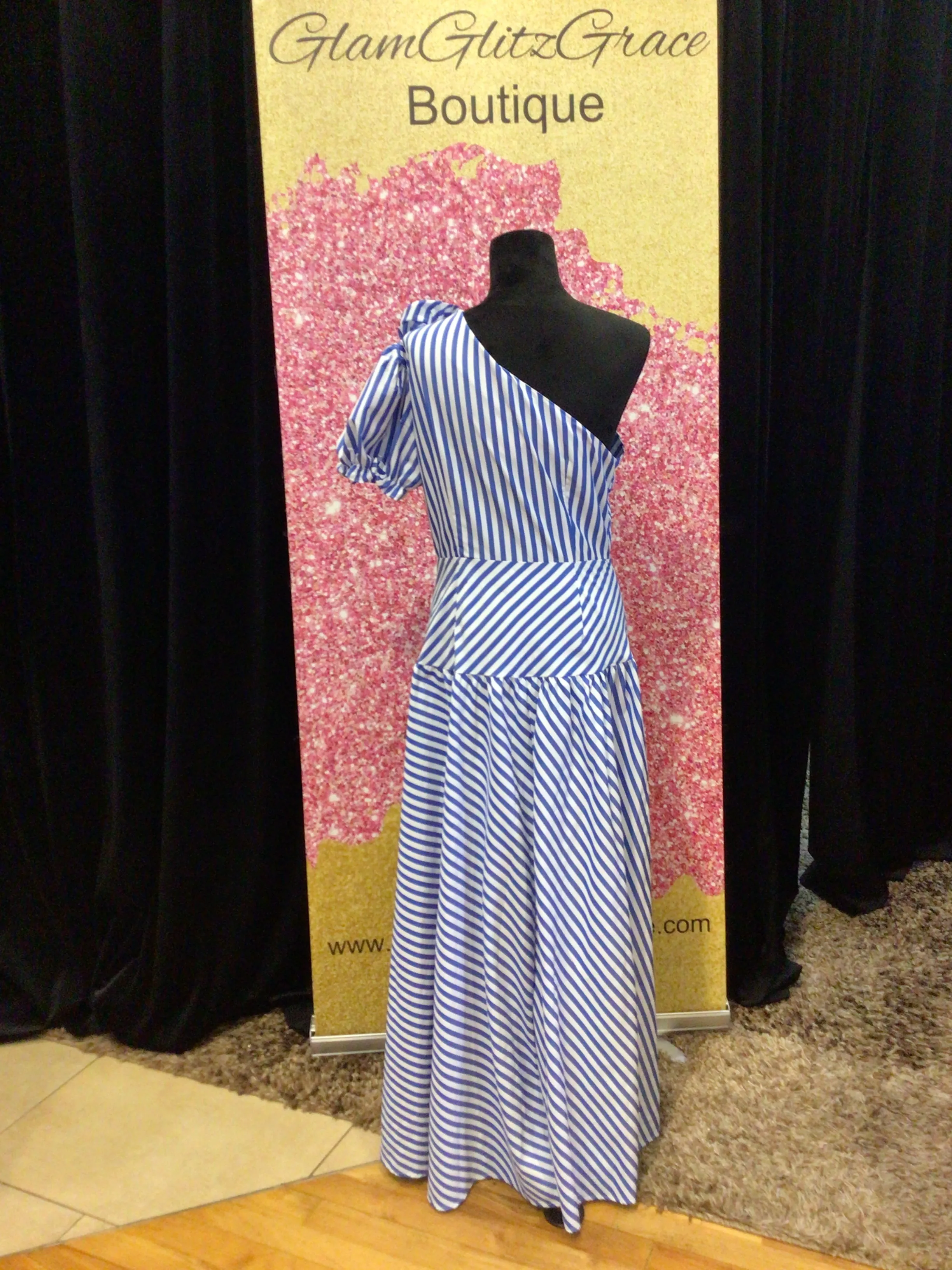 Blue White Striped One Shoulder Maxi Dress
