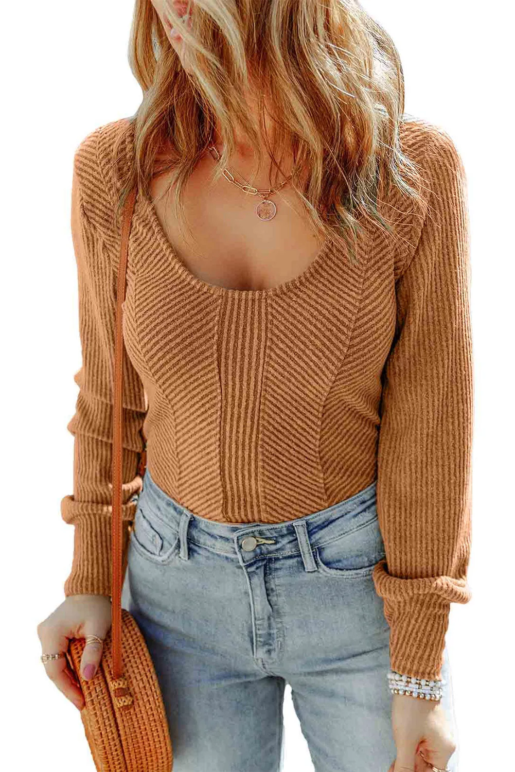 Brown Green U Neck Textured Long Sleeve Top