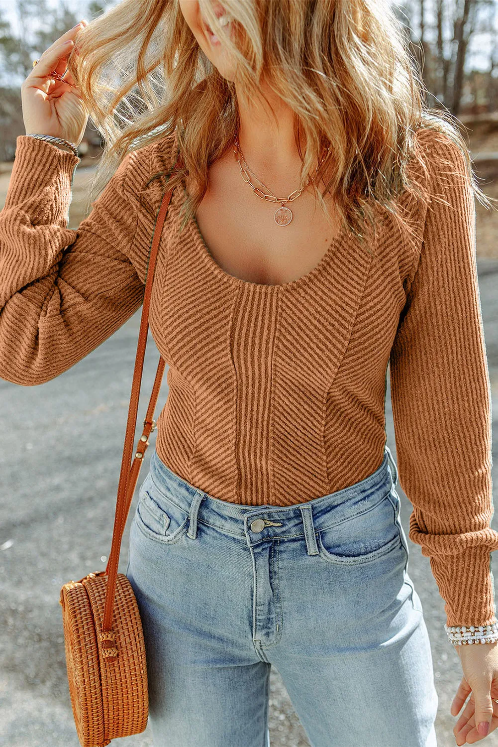 Brown Green U Neck Textured Long Sleeve Top