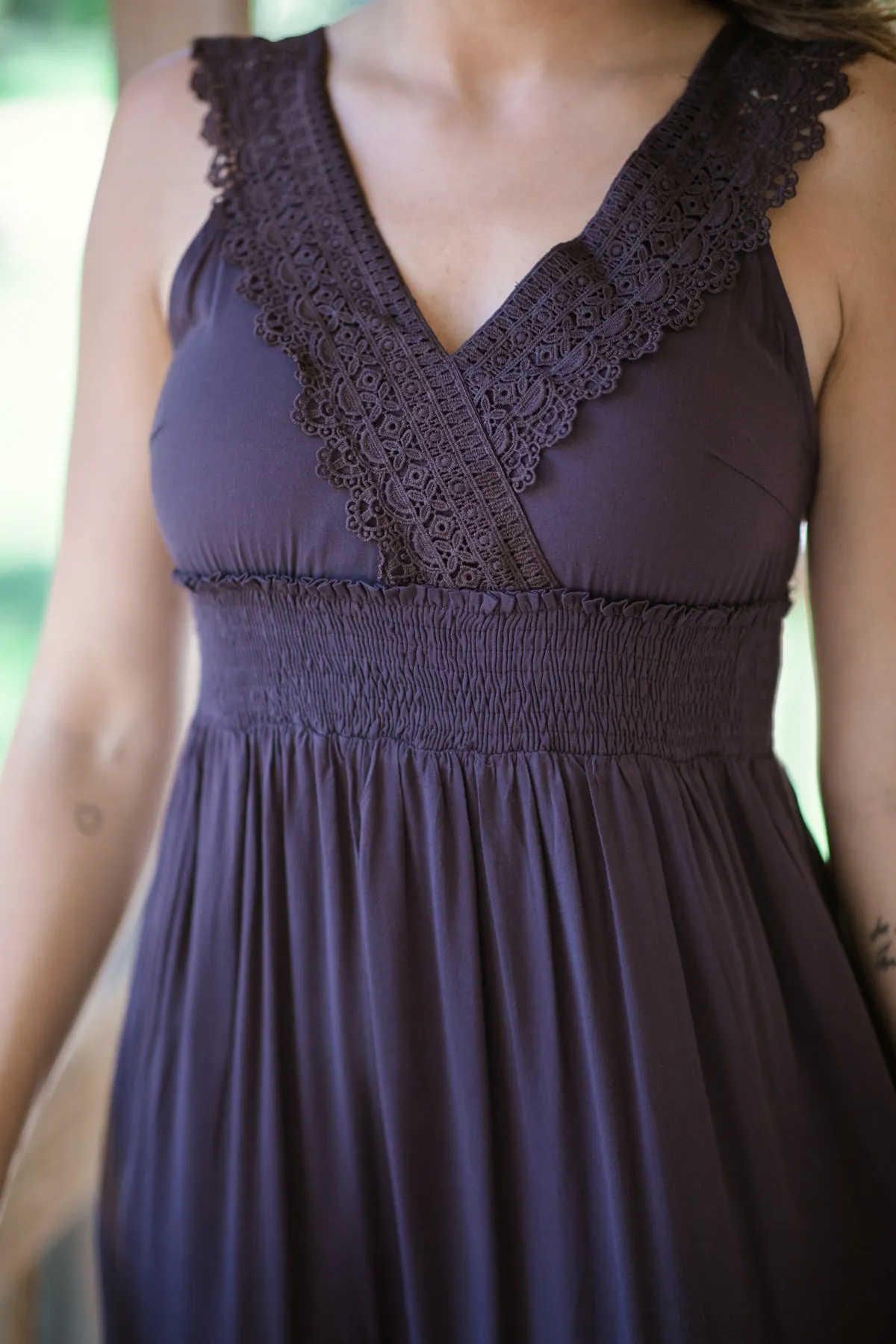 Brown Lace Trim Maxi Dress