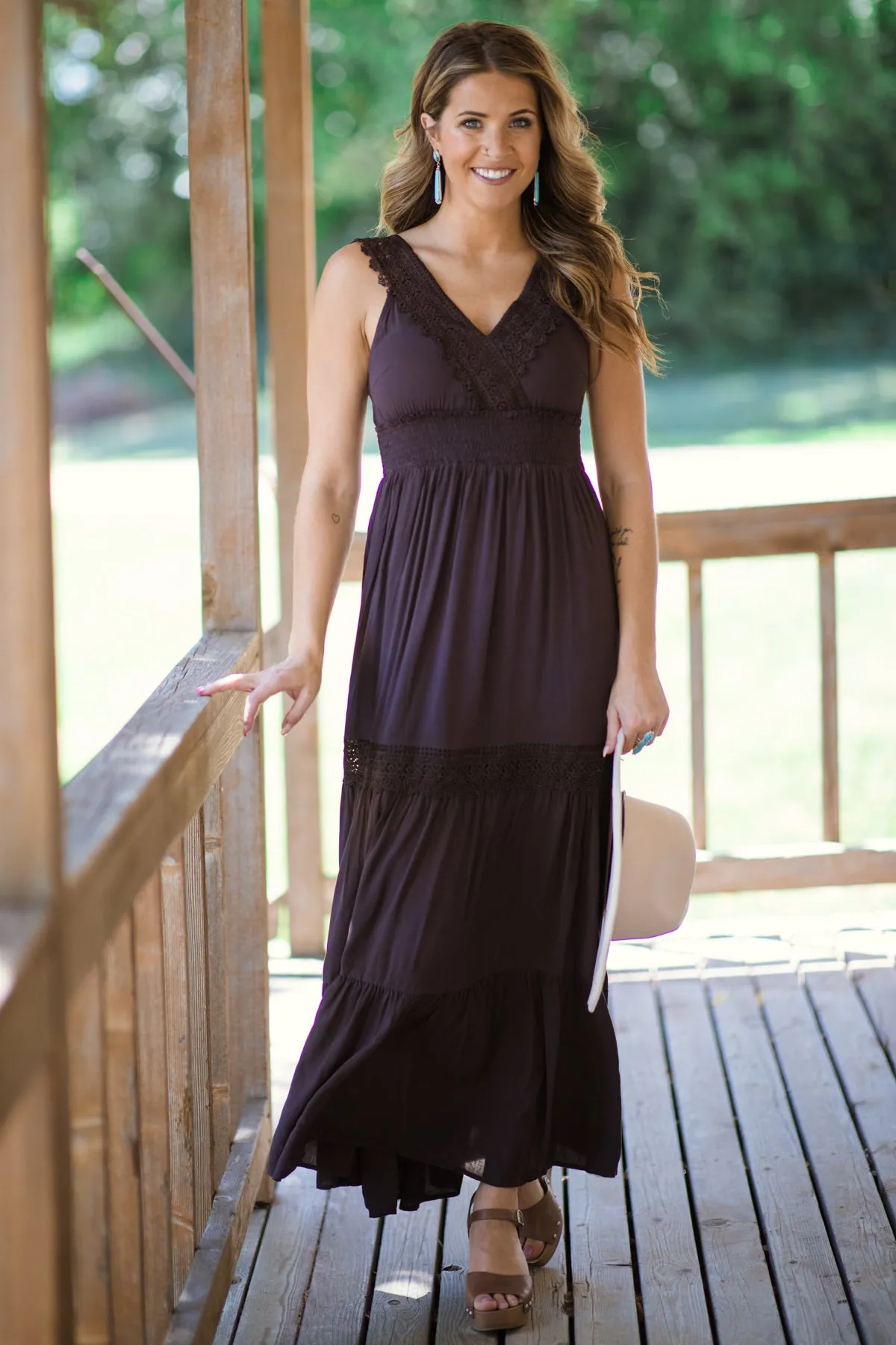Brown Lace Trim Maxi Dress