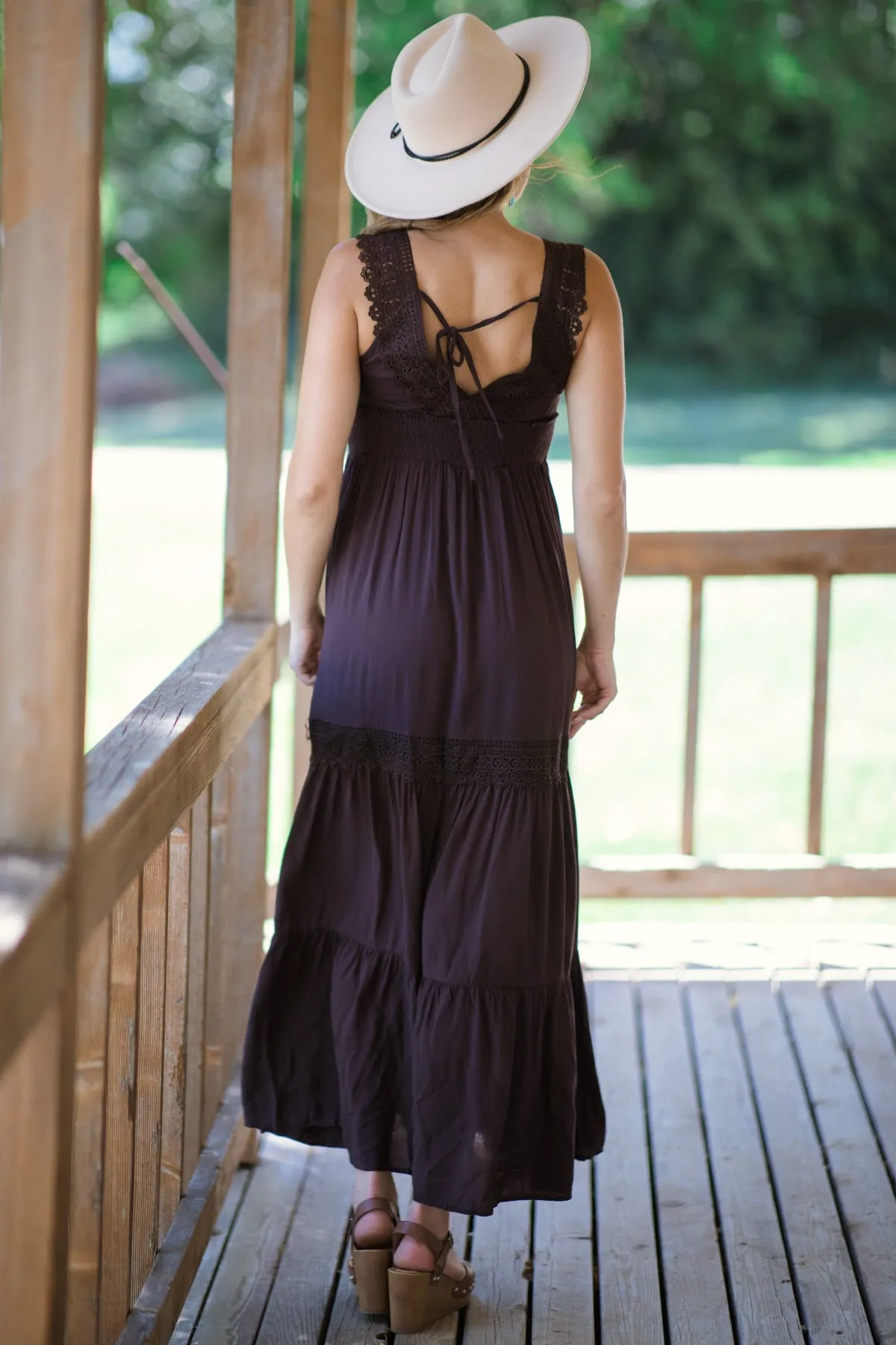 Brown Lace Trim Maxi Dress