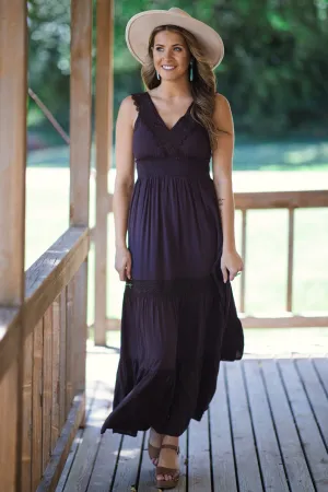 Brown Lace Trim Maxi Dress