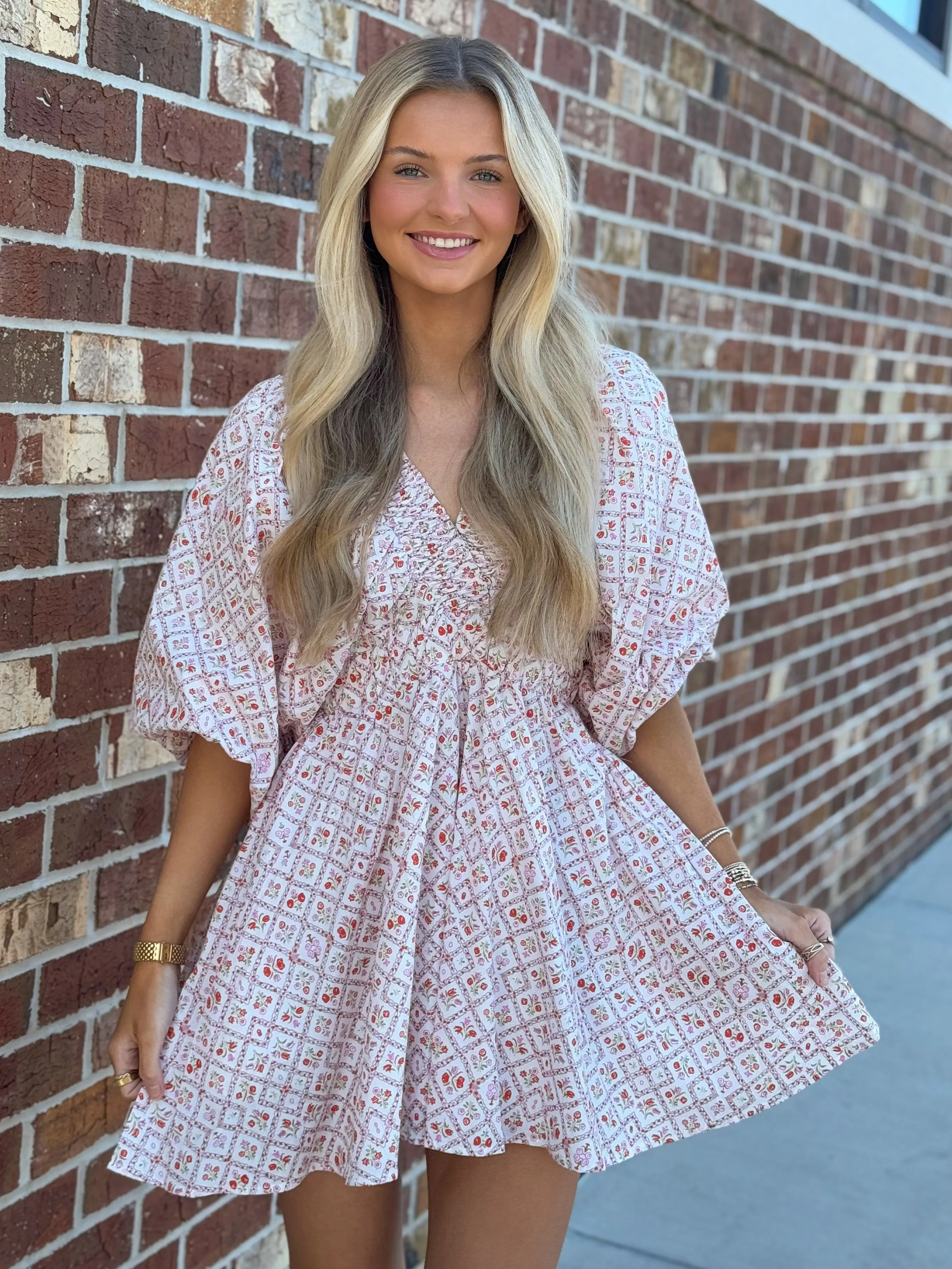 Bubble Sleeve Mini Dress (Pink/Red)