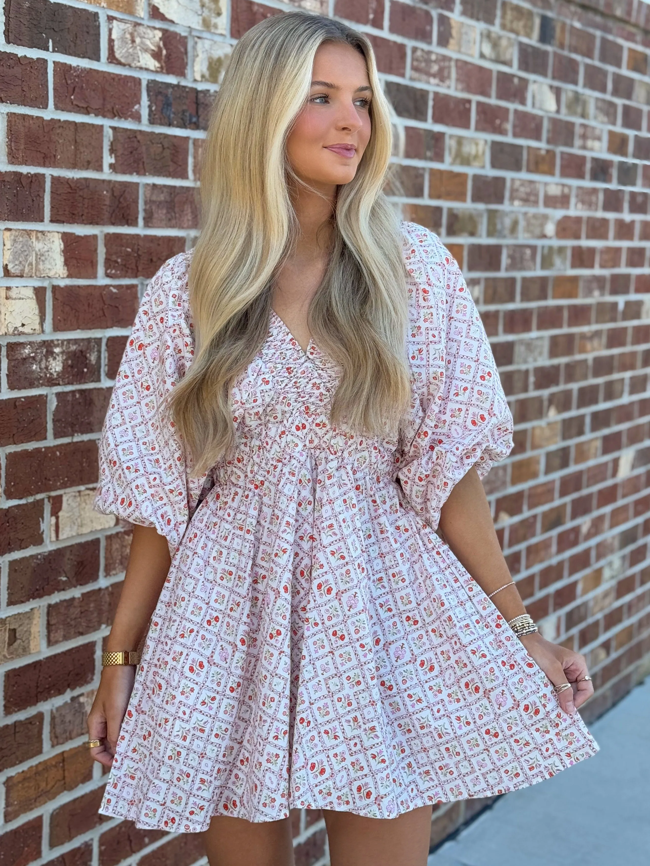 Bubble Sleeve Mini Dress (Pink/Red)