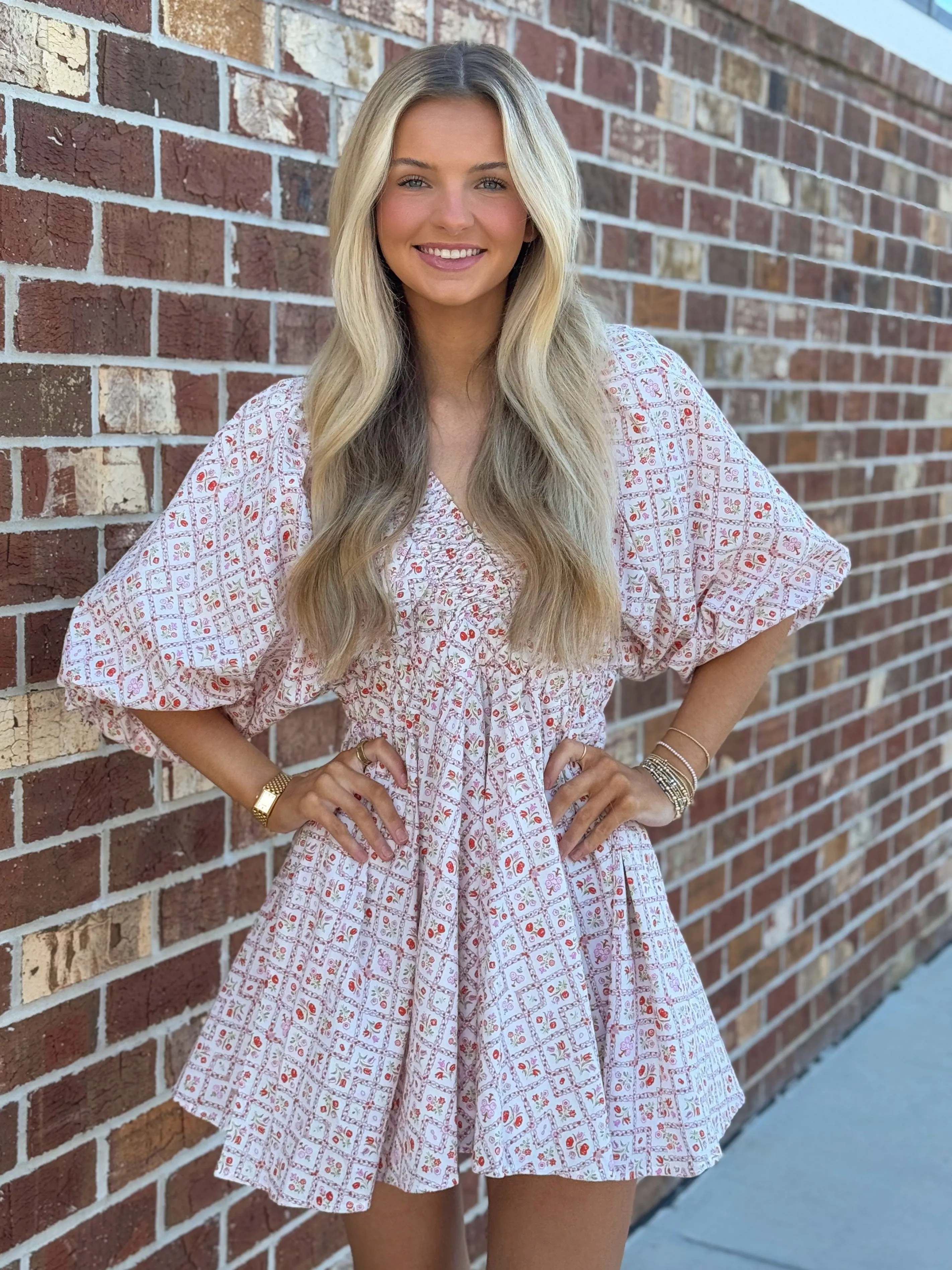 Bubble Sleeve Mini Dress (Pink/Red)