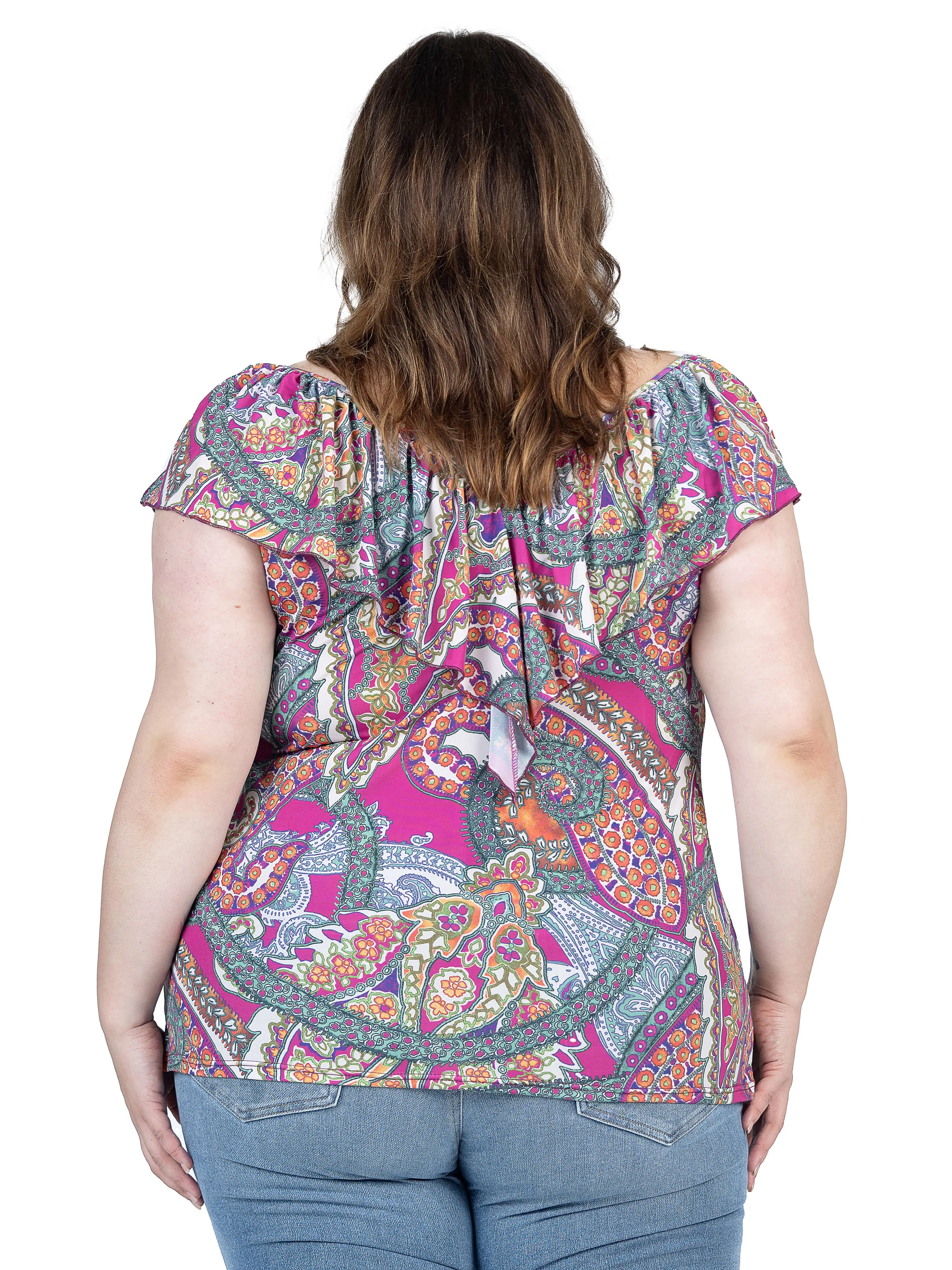 Cap Sleeve Pink Paisley Print Ruffle V Neck Plus Size Top