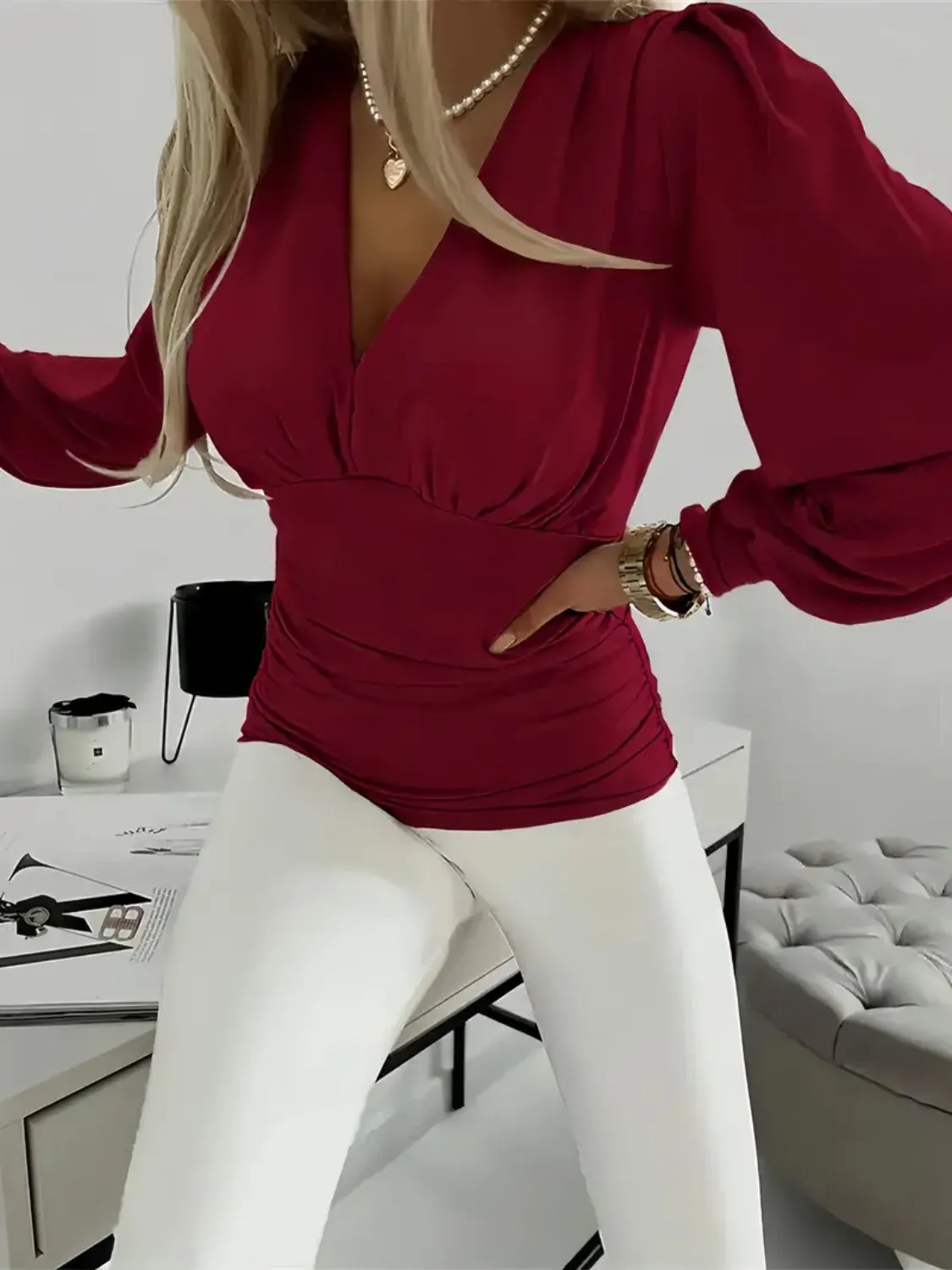 Charlotte Ruched V-Neck Long Sleeve Top