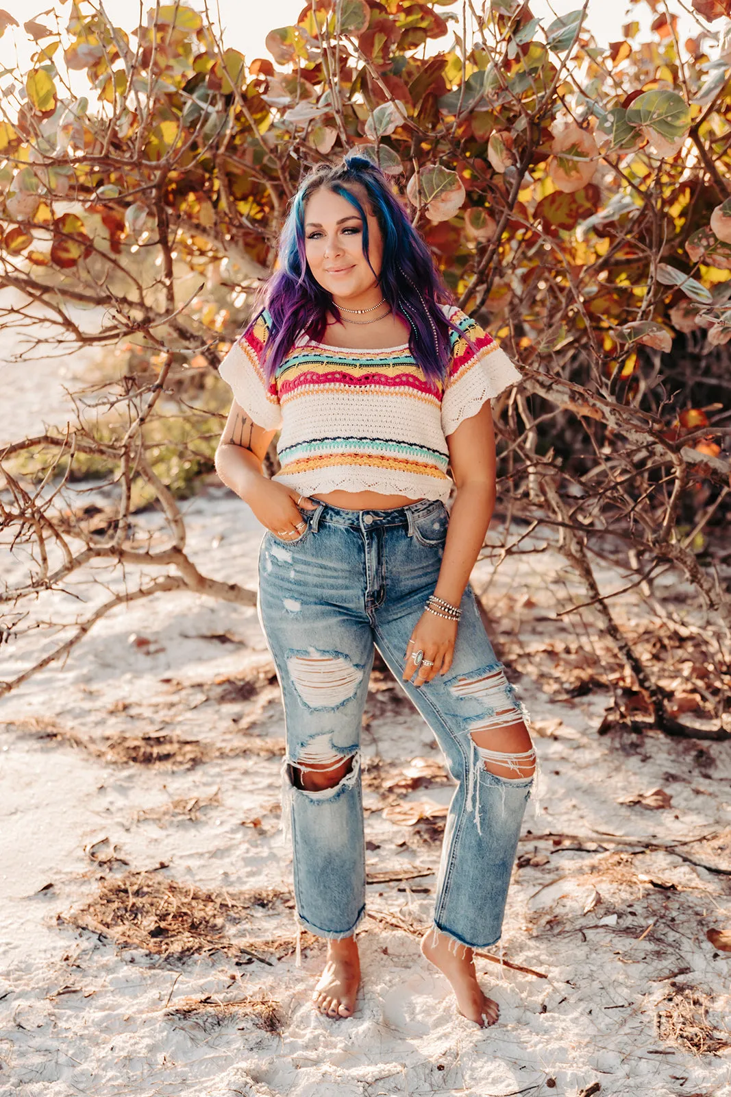 Cream   Pink Crochet Square Neck Crop