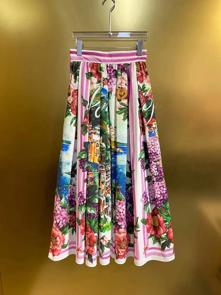 Designer Summer Sicily Silk Top Cotton Skirt Suit