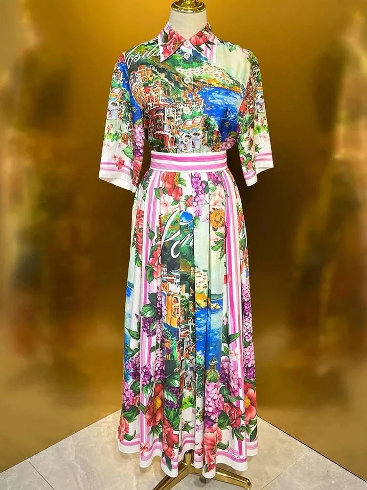 Designer Summer Sicily Silk Top Cotton Skirt Suit