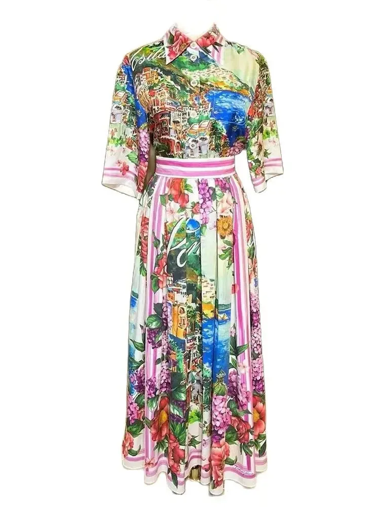 Designer Summer Sicily Silk Top Cotton Skirt Suit