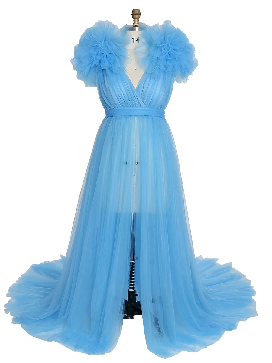 Double V Neck Maternity Dress for Photo Shoot Shoulder Ruffles Photography Maxi Gown Baby Shower Dress YD217051