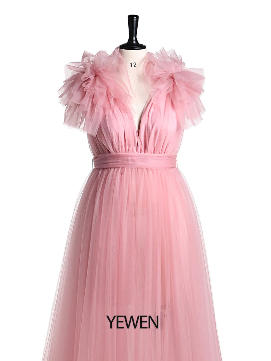 Double V Neck Maternity Dress for Photo Shoot Shoulder Ruffles Photography Maxi Gown Baby Shower Dress YD217051