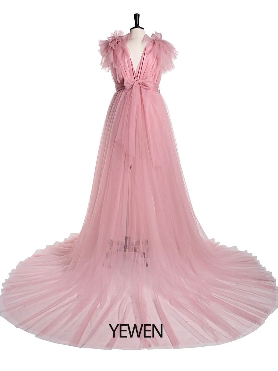 Double V Neck Maternity Dress for Photo Shoot Shoulder Ruffles Photography Maxi Gown Baby Shower Dress YD217051