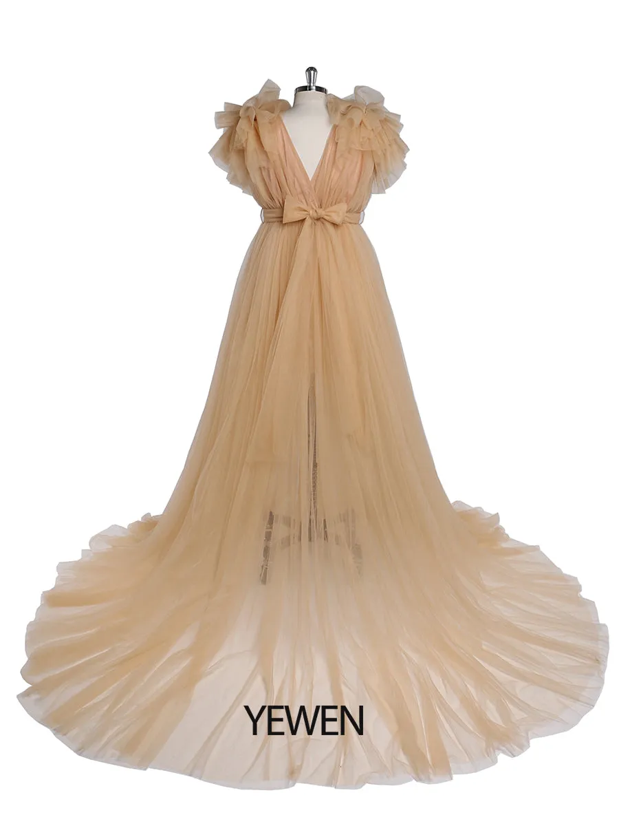 Double V Neck Maternity Dress for Photo Shoot Shoulder Ruffles Photography Maxi Gown Baby Shower Dress YD217051