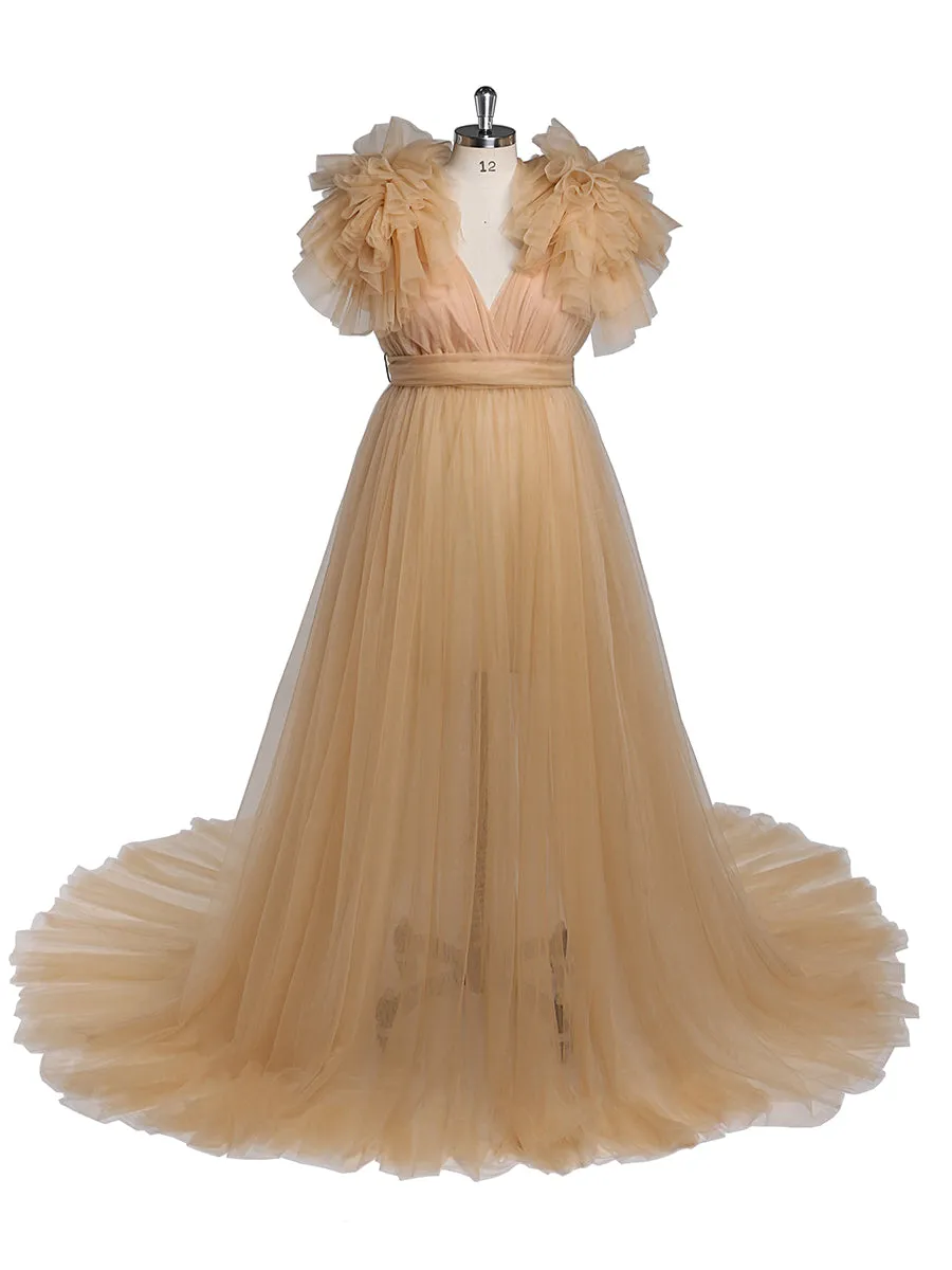 Double V Neck Maternity Dress for Photo Shoot Shoulder Ruffles Photography Maxi Gown Baby Shower Dress YD217051