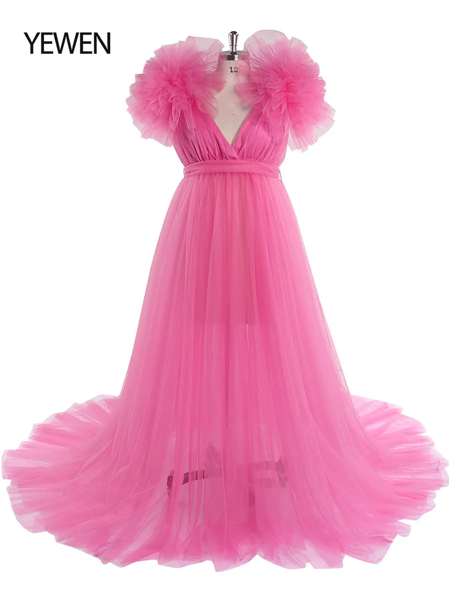 Double V Neck Maternity Dress for Photo Shoot Shoulder Ruffles Photography Maxi Gown Baby Shower Dress YD217051