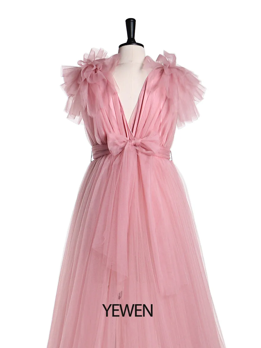 Double V Neck Maternity Dress for Photo Shoot Shoulder Ruffles Photography Maxi Gown Baby Shower Dress YD217051