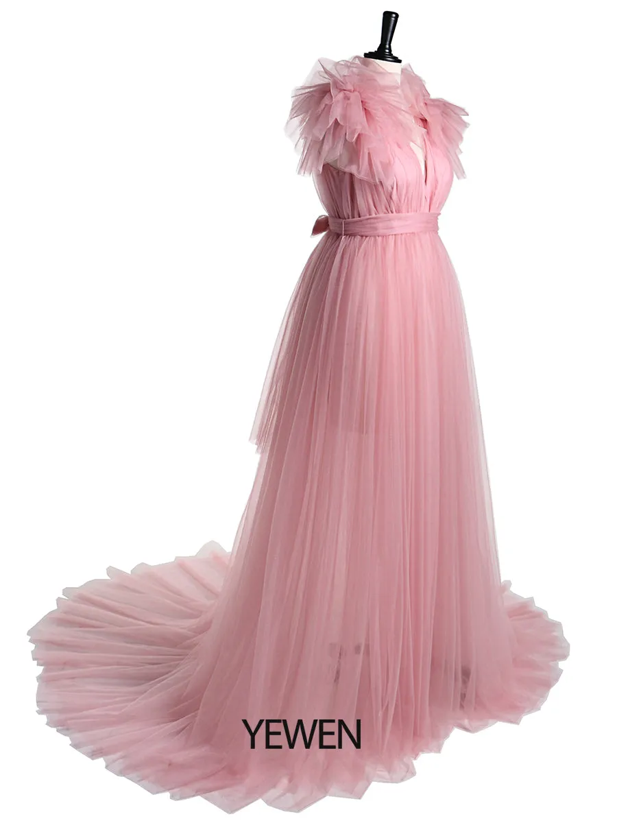 Double V Neck Maternity Dress for Photo Shoot Shoulder Ruffles Photography Maxi Gown Baby Shower Dress YD217051