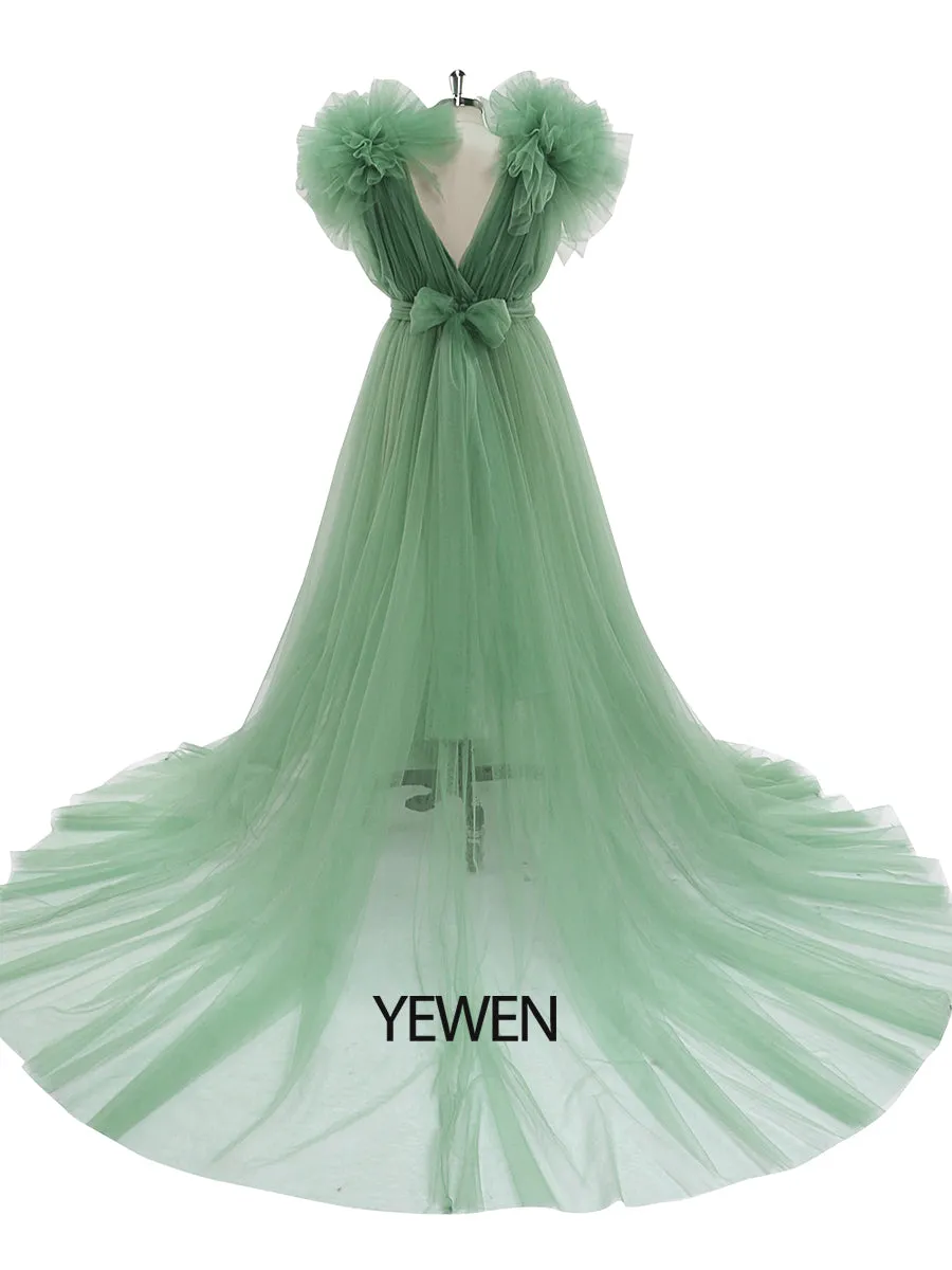 Double V Neck Maternity Dress for Photo Shoot Shoulder Ruffles Photography Maxi Gown Baby Shower Dress YD217051