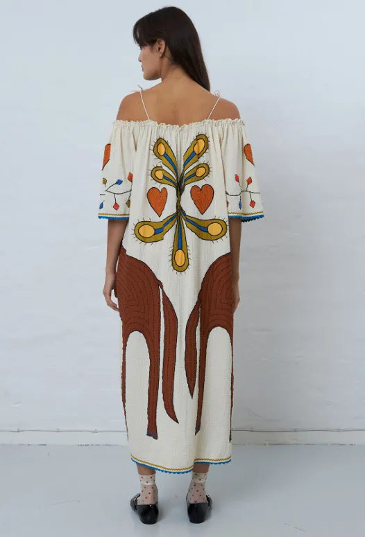 Embroidered Strap Midi Dress in Ivory
