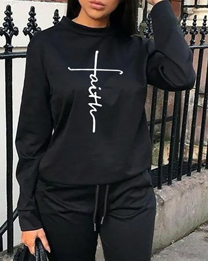 Faith Print Long Sleeve Sweatshirt & Pants Set