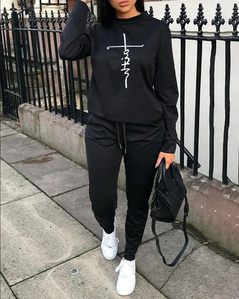 Faith Print Long Sleeve Sweatshirt & Pants Set