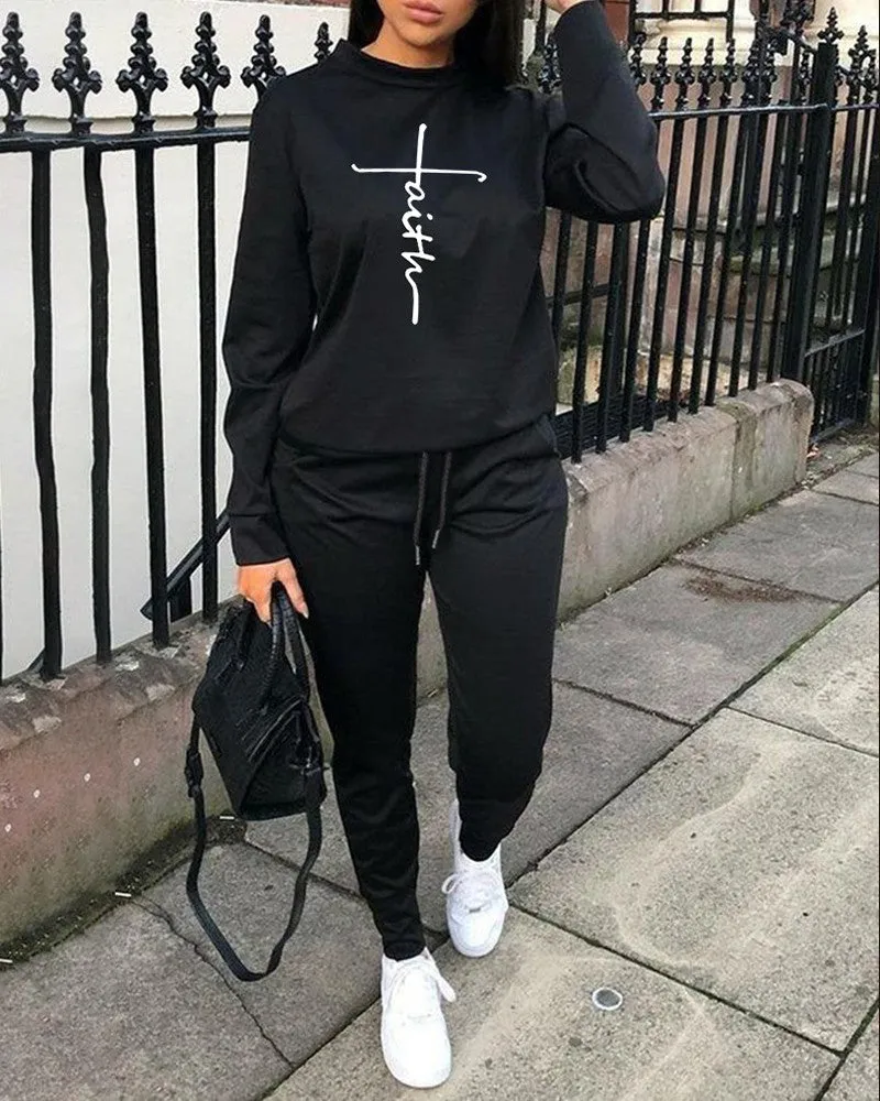 Faith Print Long Sleeve Sweatshirt & Pants Set