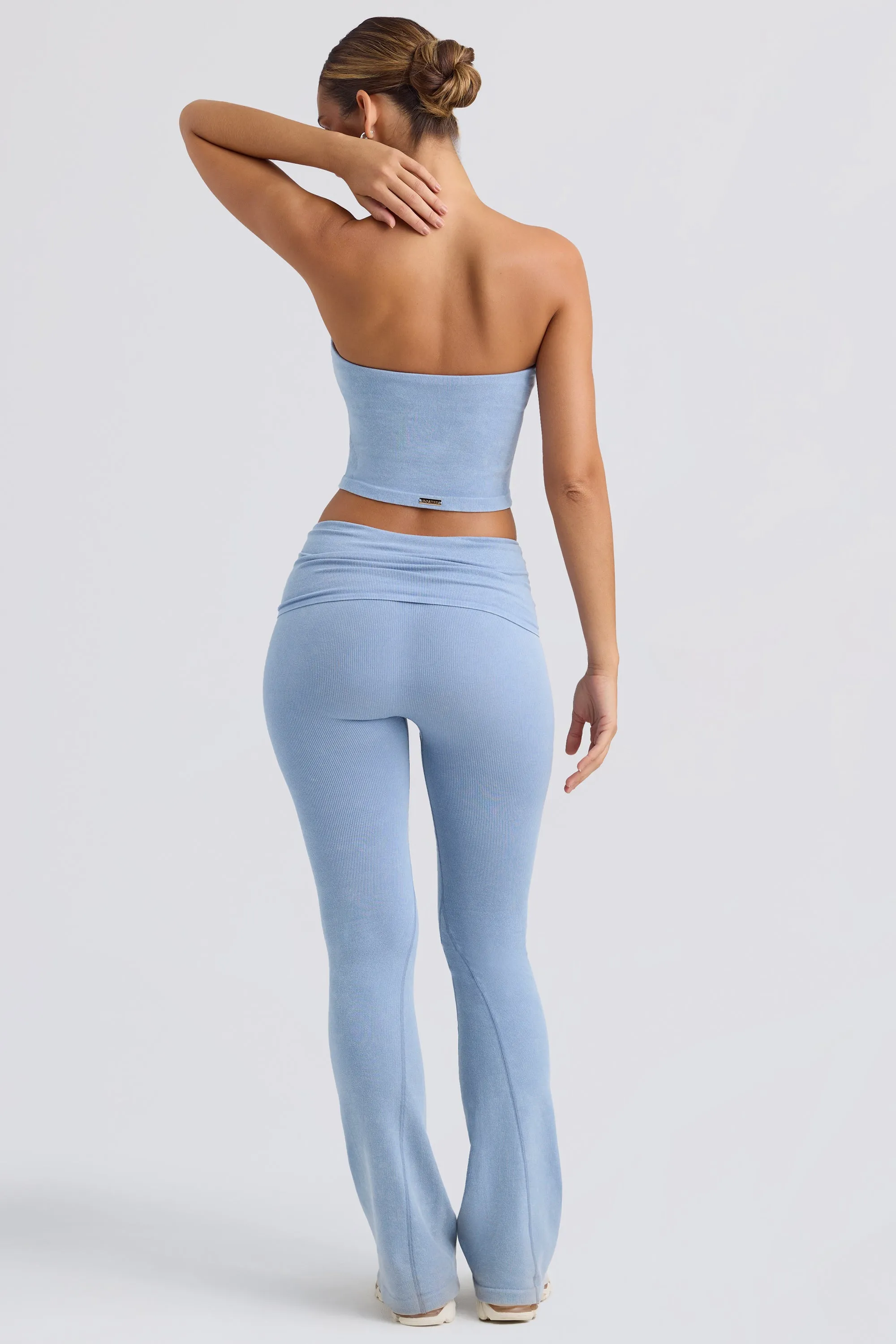 Foldover Flared Trousers in Washed Blue