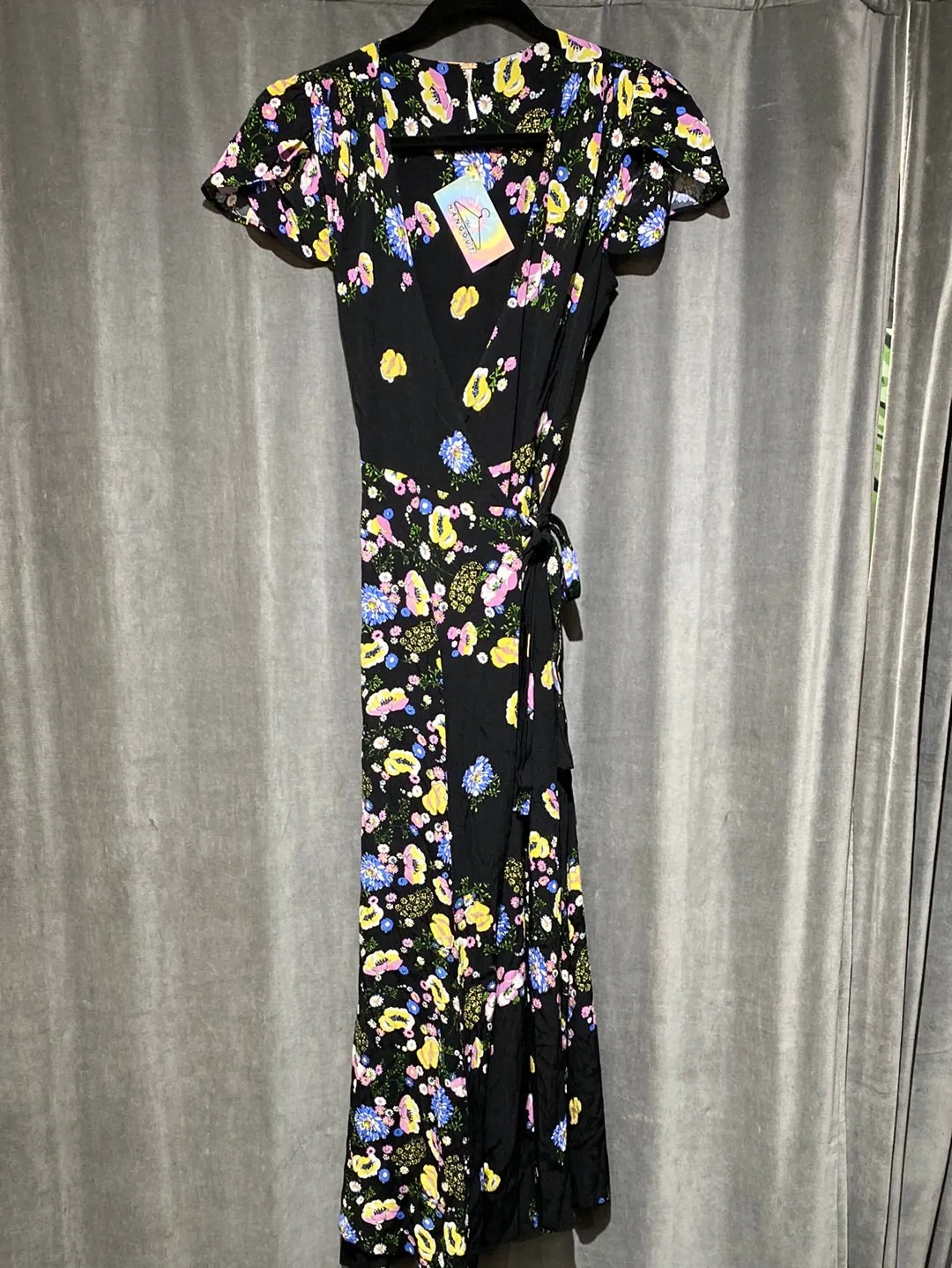 Free People Black Floral Short Sleeve Wrap Maxi Dress