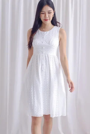 Gracie Eyelet Bustier Buttons Dress In White