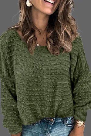 Green Textured Knit Round Neck Dolman Sleeve Sweater