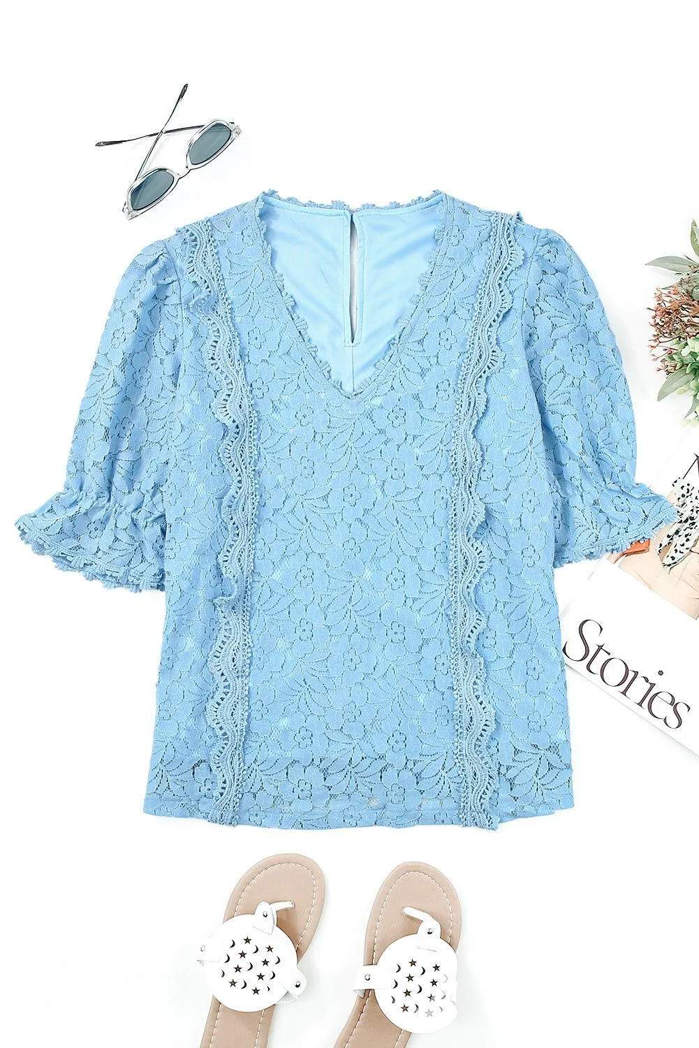 Hazel Blues® | Lace V-Neck Flounce Sleeve Top