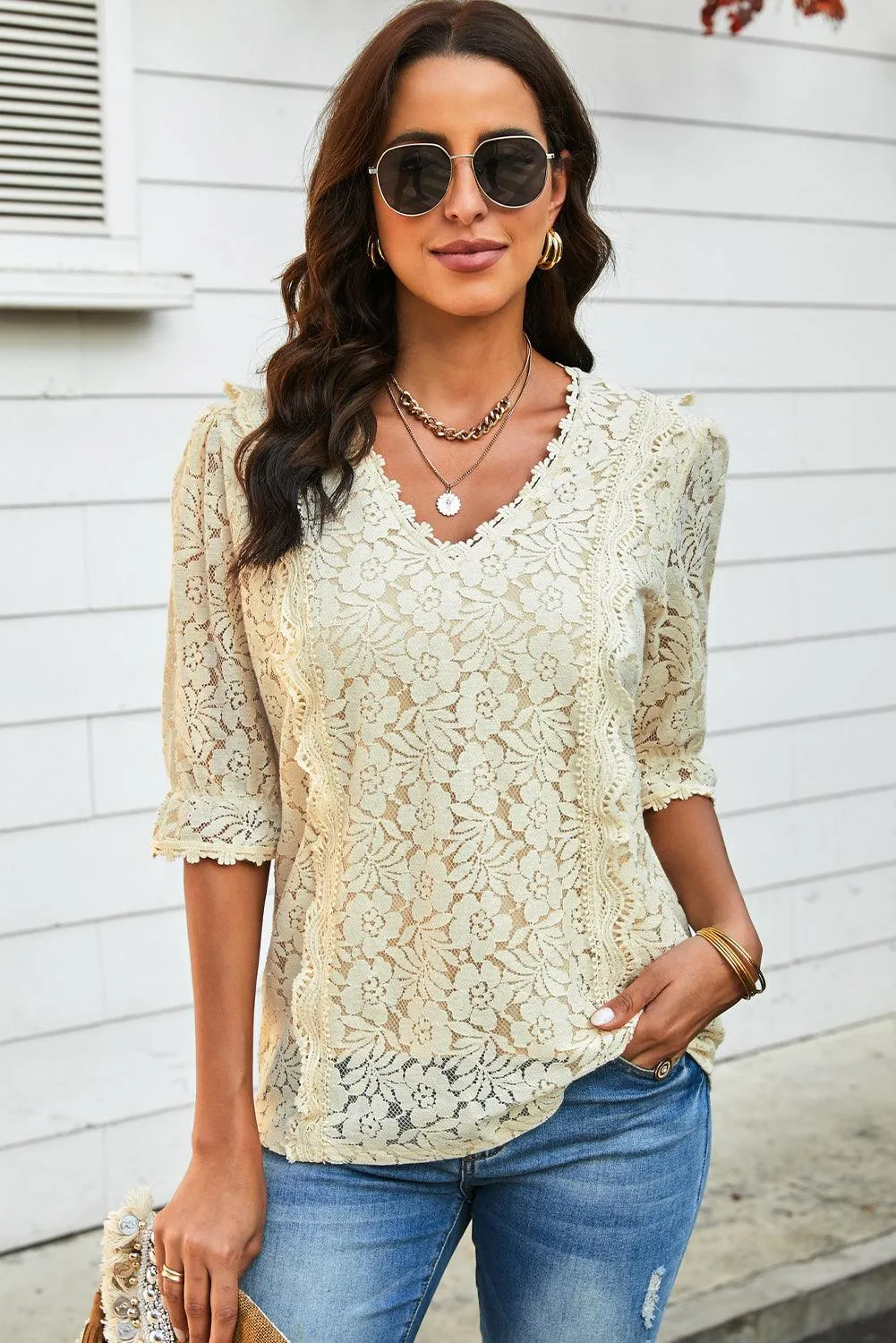 Hazel Blues® | Lace V-Neck Flounce Sleeve Top